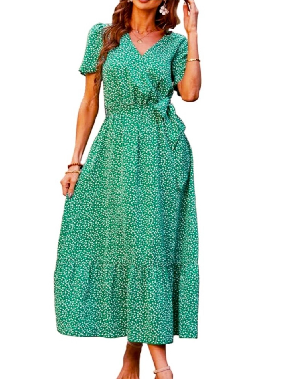 NWT Pretty Garden Green Polka Dot Wrap Maxi Dress XL